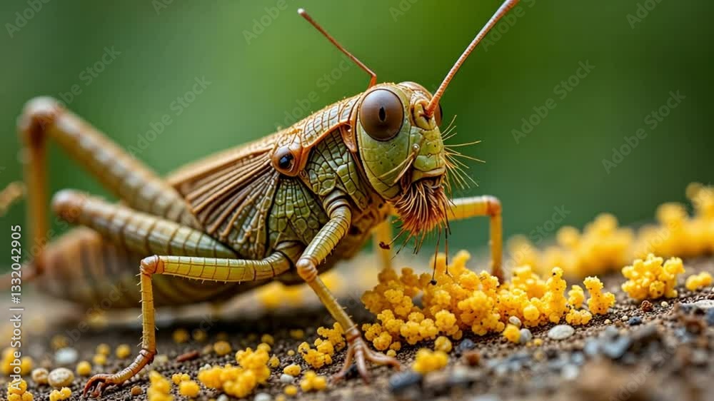 Close-Up of a Grasshopper on Yellow Flowers in Nature