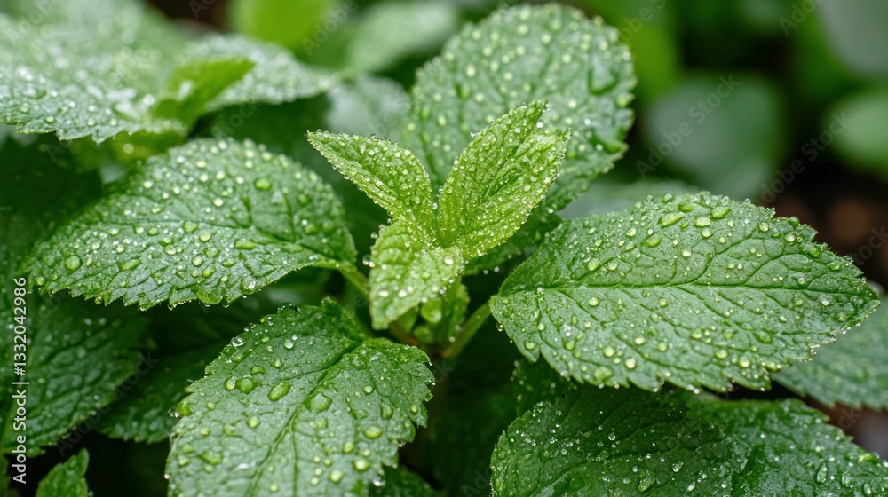 Close up of fresh green plant leaves with water droplets Close up of fresh green plant leaves with water droplets