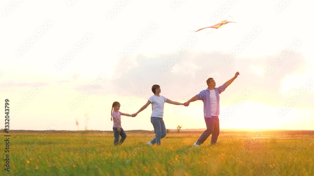 Happy family playing with flying kite at sunset summer field enjoy weekend leisure activity. Father mother and daughter holding hands walking at sunny meadow with flight toy unity and togetherness Happy family playing with flying kite at sunset summer field enjoy weekend leisure activity. Father mother and daughter holding hands walking at sunny meadow with flight toy unity and togetherness