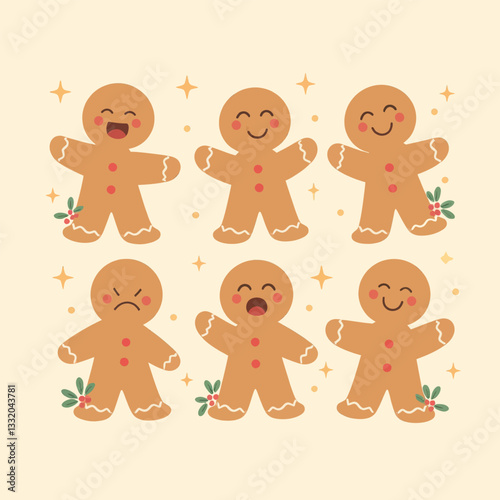 Gingerbread People Expressing Emotions with Holly Accent