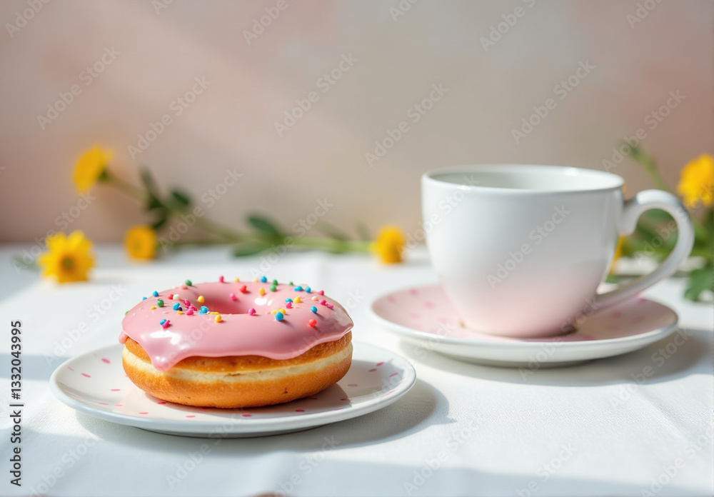Closeup of a pink donut with sprinkles on a plate next to a cup of tea and flowers. Closeup of a pink donut with sprinkles on a plate next to a cup of tea and flowers.