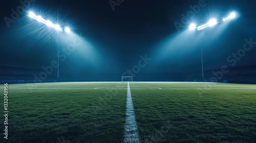 Stadium lights casting long shadows against the dark sky as a thrilling soccer match is underway.