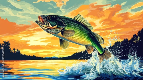 Largemouth Bass Leaping from Lake at Sunset  Vibrant Fishing Scene Artwork