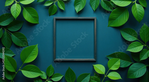 Empty square frame surrounded by lush green leaves on a teal background. Perfect for mockups, invitations, or nature-themed designs. photo