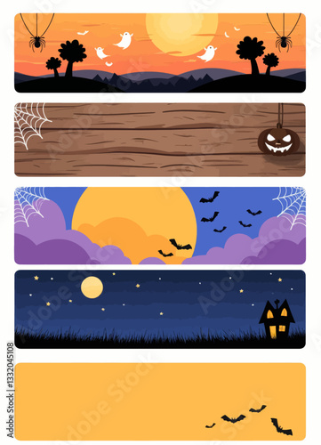 Halloween banner set with bats, ghosts, spider, and haunted house