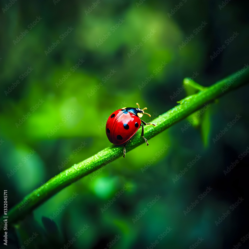 Ladybug on green stem, lush forest background; nature photography for website or print Ladybug on green stem, lush forest background; nature photography for website or print