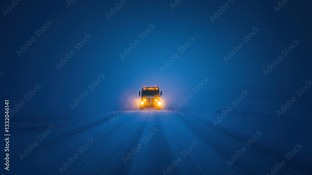 A large vehicle driving forward on a snowy road at night