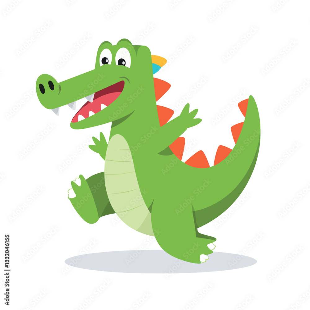 Naklejka premium Joyful Green Cartoon Crocodile Running and Smiling