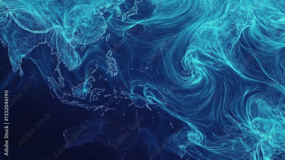 Obraz premium Animated wind speed distribution map, fluid air masses over the Atlantic Ocean. Wind speed pressure maps
