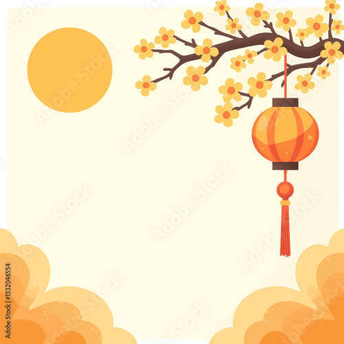 Lunar New Year background with lantern and blossom branch