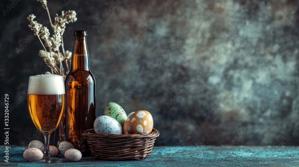 Obraz premium Easter-themed composition with beer, eggs, bunny toy on copy space background