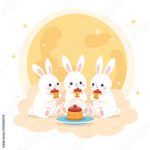 Mid-Autumn Festival Rabbits Sharing Mooncakes Near Full Moon