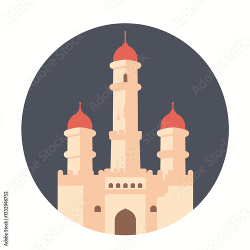 Minimalist castle with red domes on a grey circle