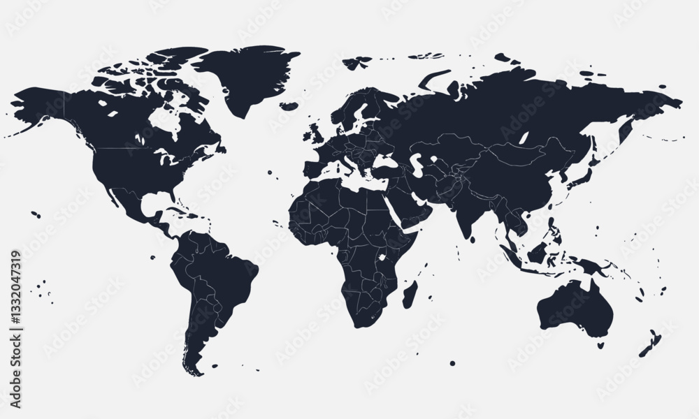 Navy world map on white, showing national borders Navy world map on white, showing national borders