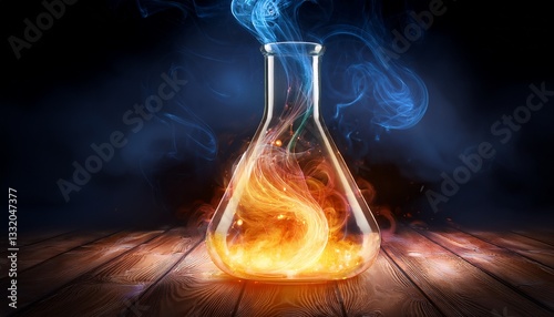 Dynamic laboratory scene featuring a flask with a vibrant, glowing reaction swirling inside, accompanied by gently rising smoke and shifting light patterns across the glass