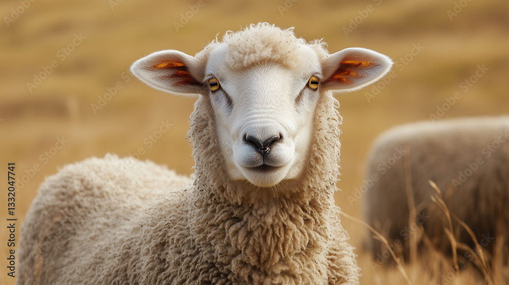 Portrait of a sheep with curly wool standing in a rural field background Portrait of a sheep with curly wool standing in a rural field background