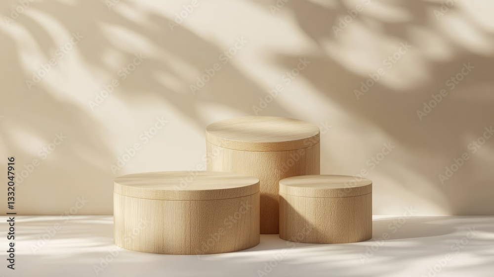 Empty wooden podiums on beige backdrop for product showcase. Cylinder-shaped stands for promoting cosmetics. Representation of natural or eco-friendly items in neutral hues. Simplistic idea. Empty wooden podiums on beige backdrop for product showcase. Cylinder-shaped stands for promoting cosmetics. Representation of natural or eco-friendly items in neutral hues. Simplistic idea.