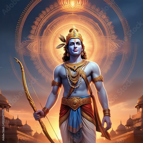 Lord Ram – Divine Warrior with Bow & Arrow | Hindu Mythology Art | 4K HD High Quality wallpaper background Shree Ram Ayodhya Ramnavmi  photo