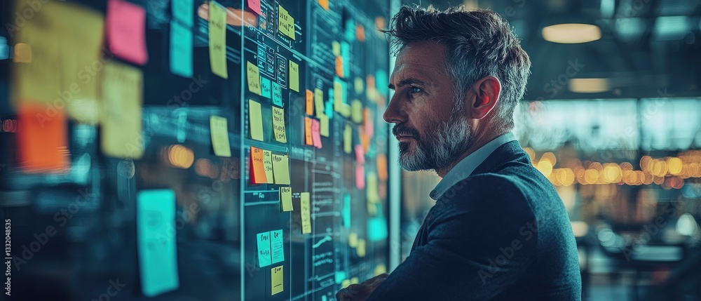 A focused professional analyzes colorful sticky notes on a glass board in a vibrant workspace, illustrating teamwork and project management. A focused professional analyzes colorful sticky notes on a glass board in a vibrant workspace, illustrating teamwork and project management.