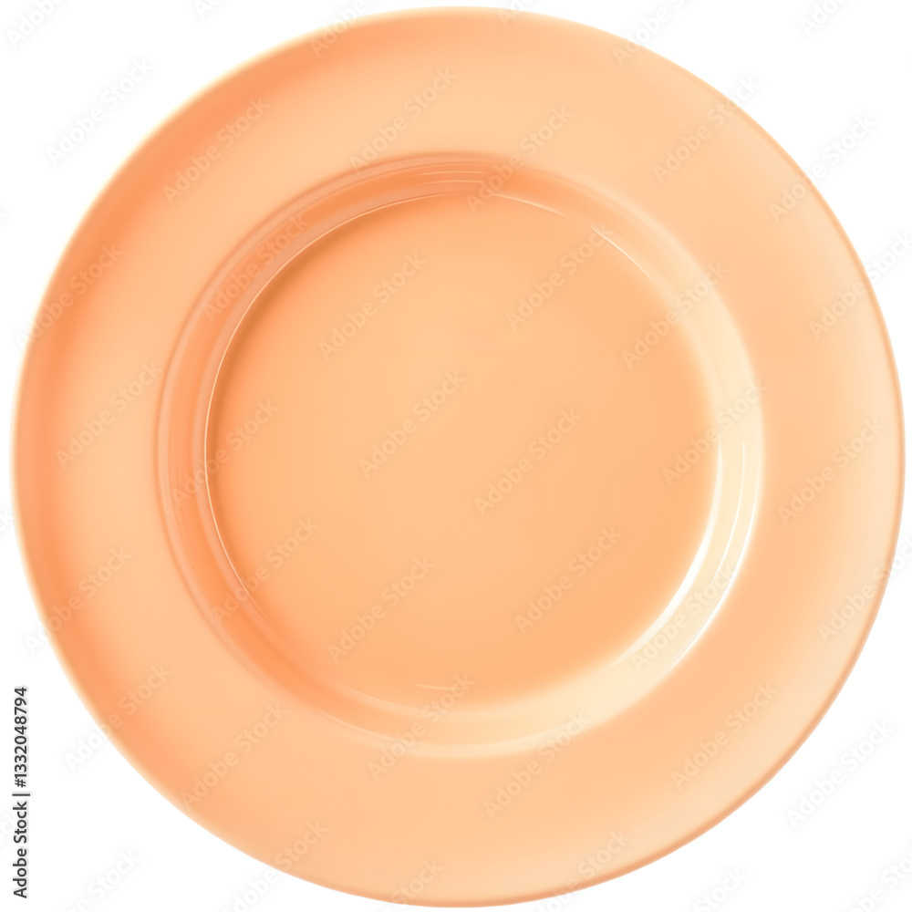 A round, peach-colored plate with a smooth surface and a slightly raised rim. A round, peach-colored plate with a smooth surface and a slightly raised rim.