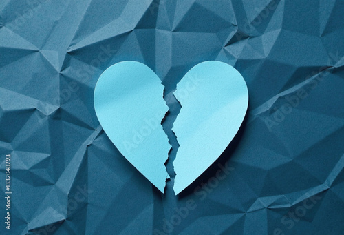 A broken blue paper heart on a crumpled teal background.  Concept of heartbreak, sadness, and relationship problems. photo