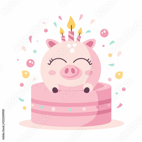 Pink Piggy Bank on Birthday Cake with Candles and Confetti