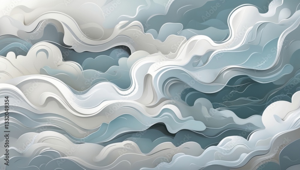 Swirling waves of gray and white clouds create an abstract landscape evoking a sense of calm and movement in the sky Swirling waves of gray and white clouds create an abstract landscape evoking a sense of calm and movement in the sky