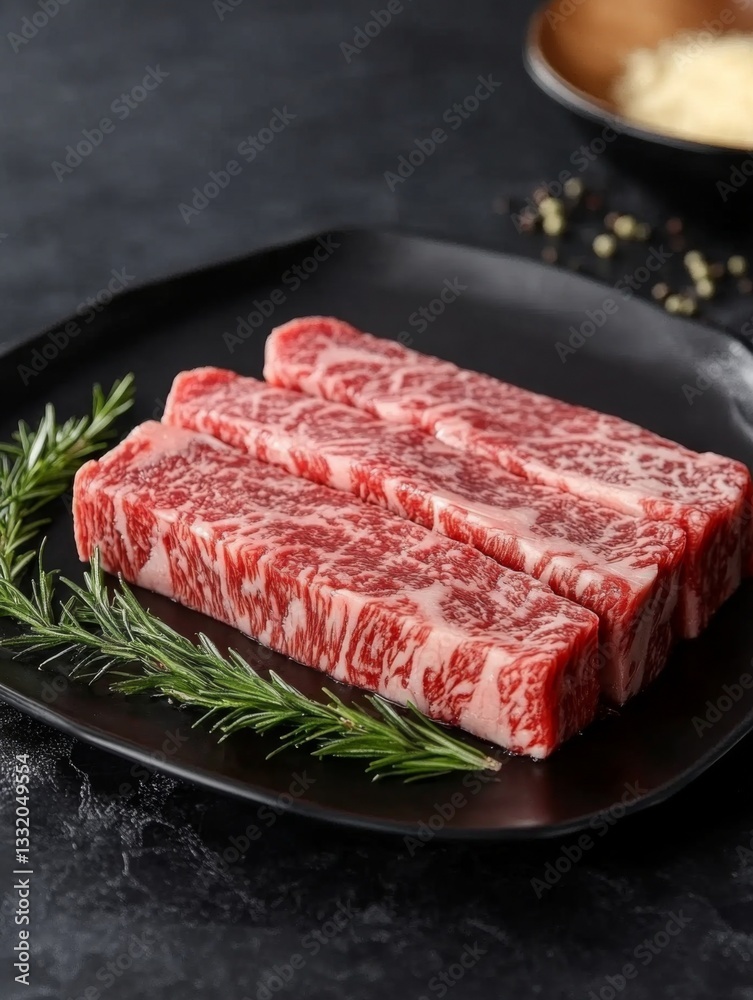 Three marbled wagyu beef slices arranged on a black plate, garnished with fresh rosemary. the intricate marbling showcases the beef's quality and richness. Three marbled wagyu beef slices arranged on a black plate, garnished with fresh rosemary. the intricate marbling showcases the beef's quality and richness.