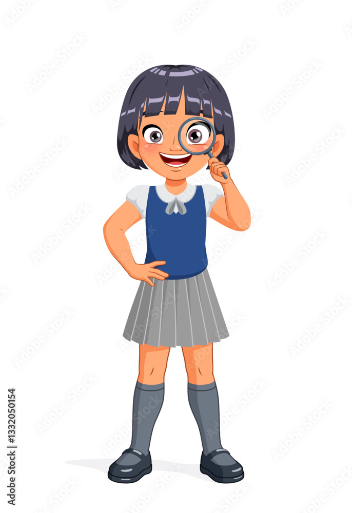 Happy Asian girl looking through a magnifying glass. Cartoon vector illustration. Happy Asian girl looking through a magnifying glass. Cartoon vector illustration.