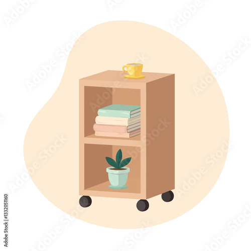 Rolling bookcase with books, plant, and yellow cup