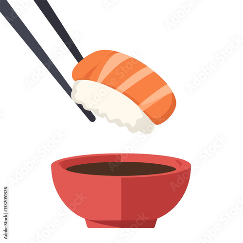 Salmon sushi nigiri dipped into soy sauce with chopsticks