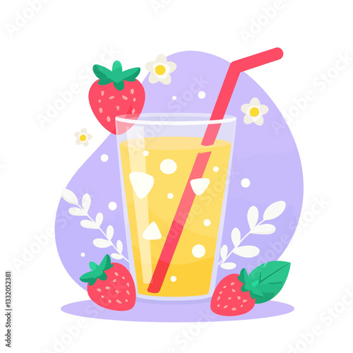 Strawberry juice with flowers and leaves garnish