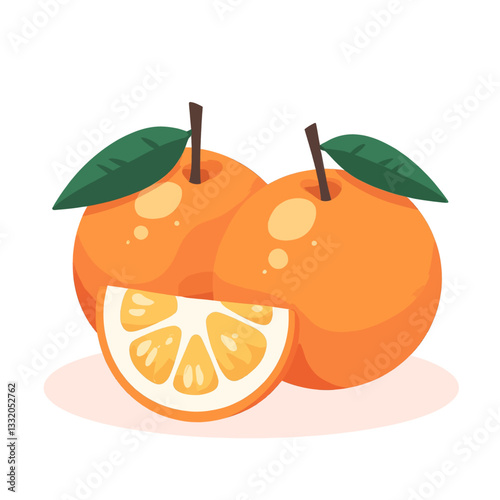 Stylized oranges with slice and leaves on white
