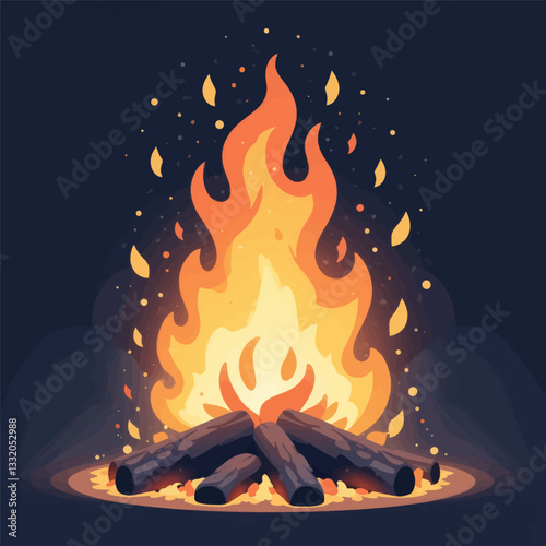 Stylized Campfire Illustration with Sparks on Dark Background