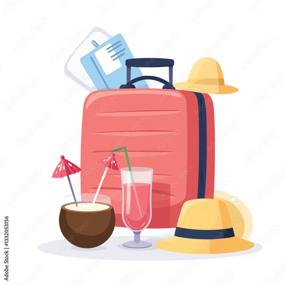 Obraz premium Summer Holiday: Suitcase, Cocktails, Hats and Travel Documents