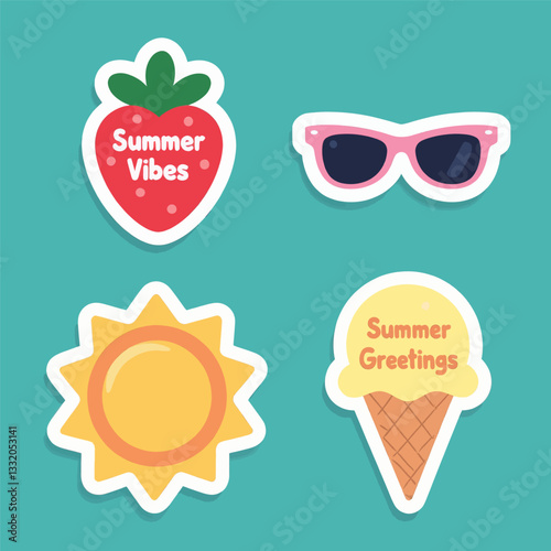 Summer Fun Stickers with Strawberry, Sun, Ice Cream, and Sunglasses
