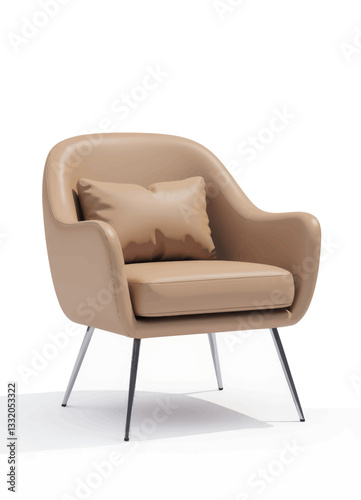 Tan Leather Armchair with Pillow on White Background