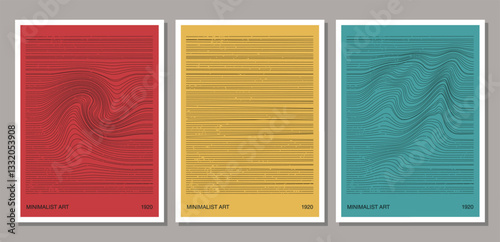 Set of minimal 20s geometric design poster, vector template with primitive shapes elements