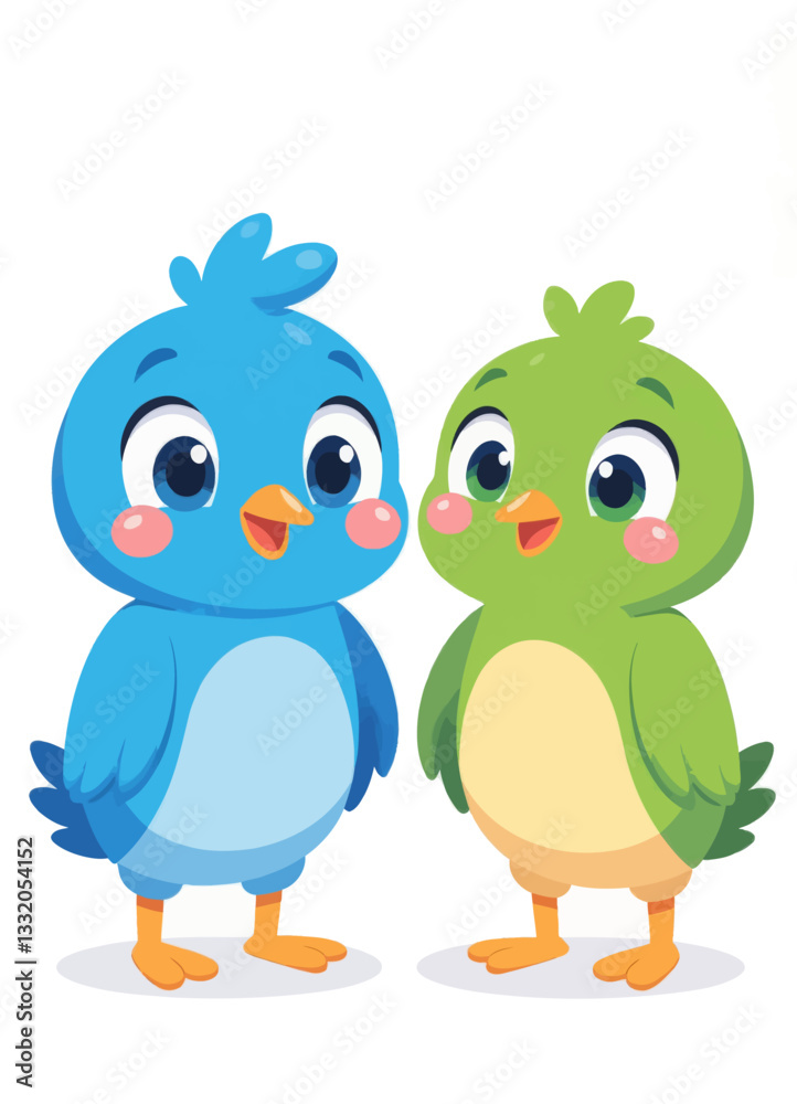 Two Cute Cartoon Baby Birds, Blue and Green Colored Two Cute Cartoon Baby Birds, Blue and Green Colored