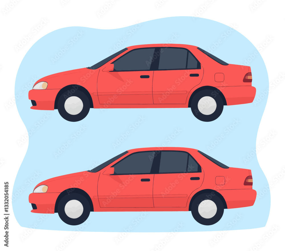 Two Red Sedan Cars on Light Blue Background Two Red Sedan Cars on Light Blue Background