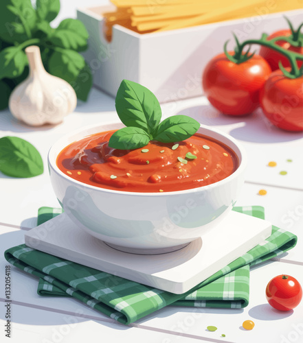 Tomato sauce with basil in a white bowl still life