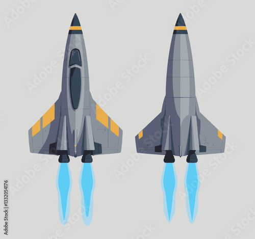 Two Grey Rockets with Yellow Stripes and Blue Flames
