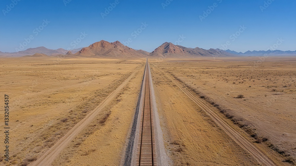 Aerial view of railway tracks stretching across a vast desert landscape towards distant mountains under a clear blue sky. Aerial view of railway tracks stretching across a vast desert landscape towards distant mountains under a clear blue sky.