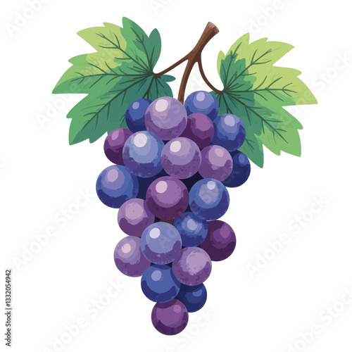 Watercolor Purple Grape Bunch with Green Leaves