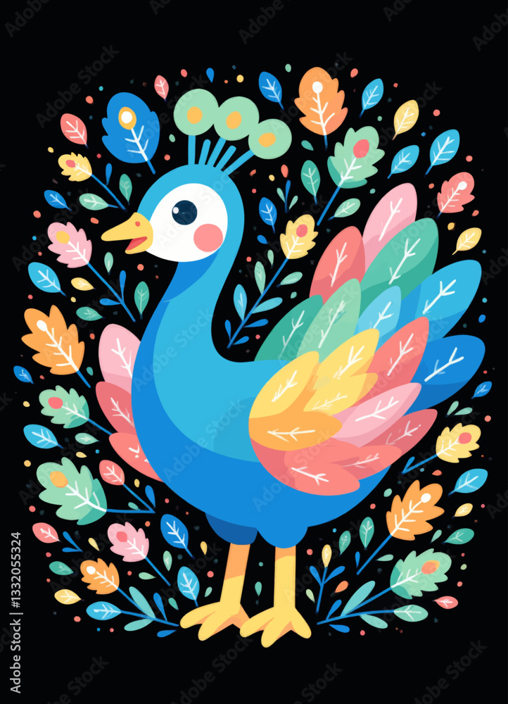 Fototapeta premium Whimsical Blue Peacock with Floral Accent on Black