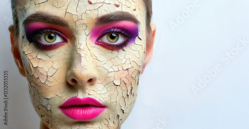 Woman with a sad look on her face with cracks, spots and chips 