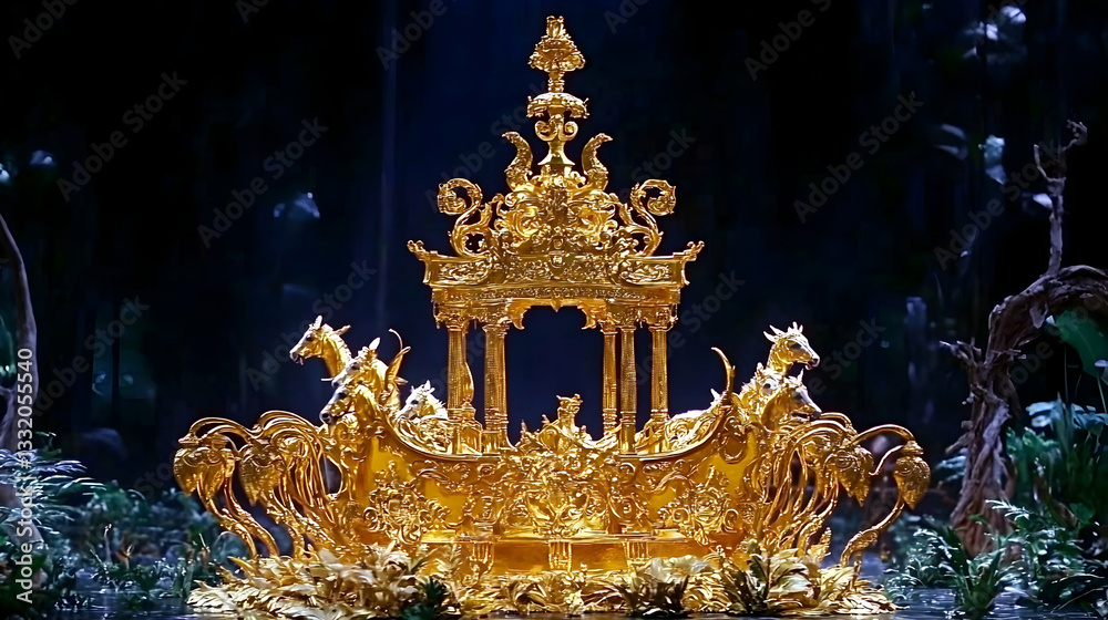 Obraz premium Golden chariot art piece displayed in dark, lush setting; website banner, luxury, opulence