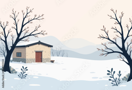 Winter Cabin Scene with Snow Covered Hills