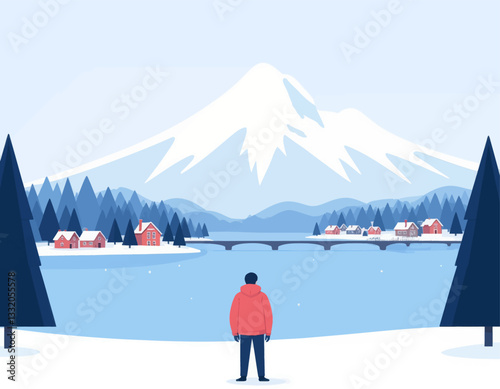 Winter landscape with person facing snowy mountain view