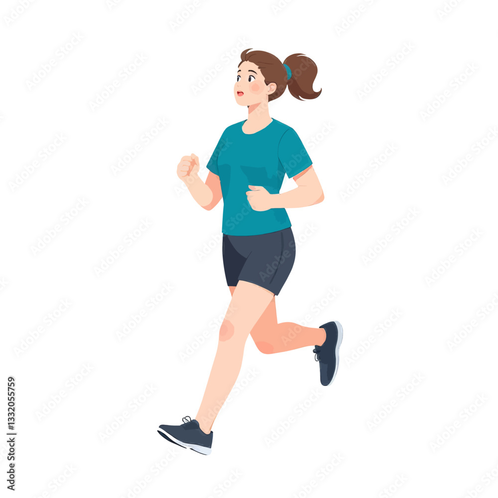 Woman jogging, wearing teal athletic top and pony tail hairstyle Woman jogging, wearing teal athletic top and pony tail hairstyle